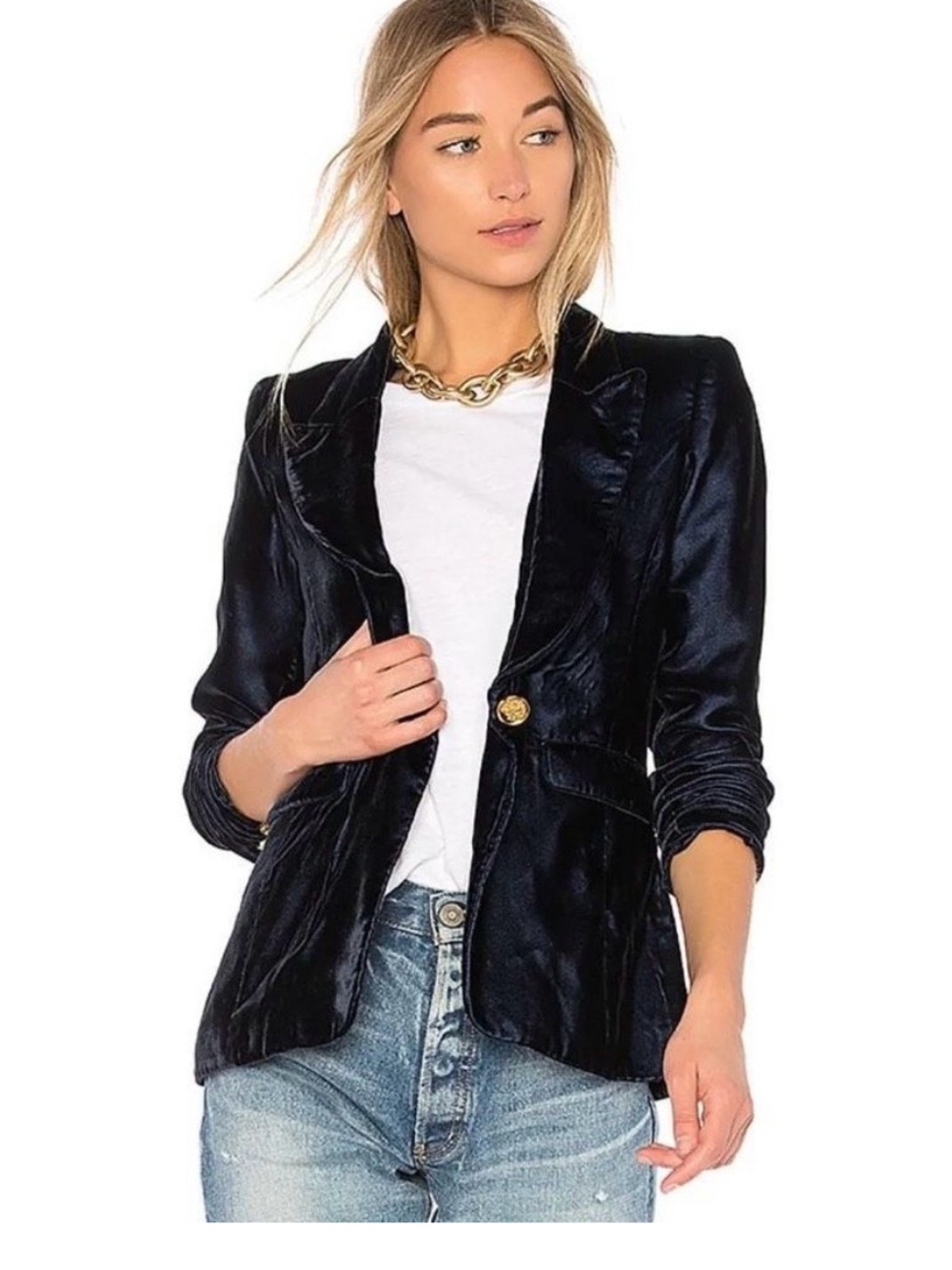 Smythe Peaked Lapel Velvet Navy Gold Button Blazer 8